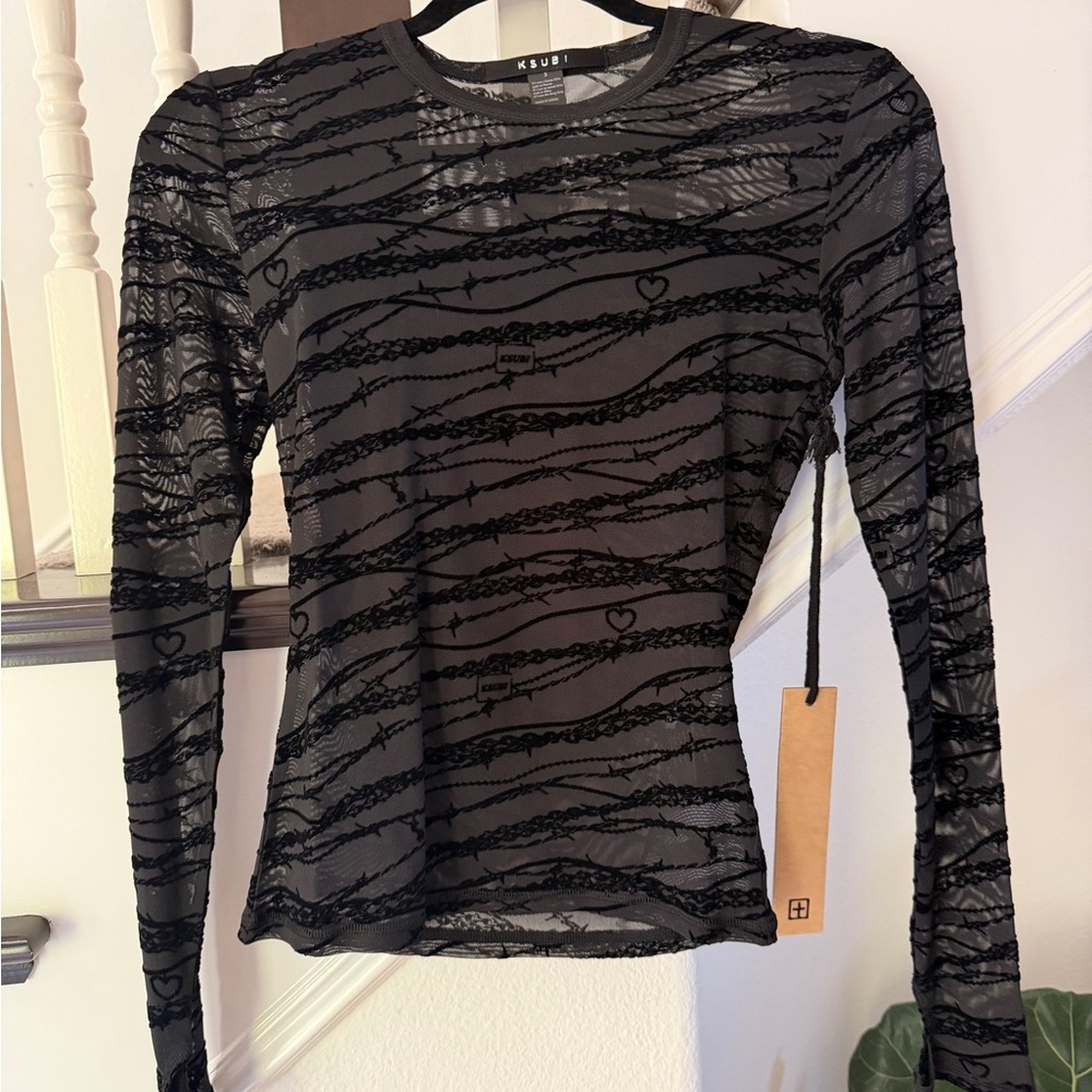 Ksubi Black Sheer Mesh Long Sleeve Top with Heart Stripe Detail